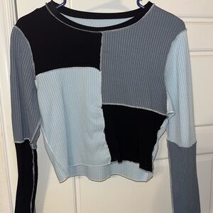 ROMWE Patchwork Crop Top - Black, Gray, Light Blue